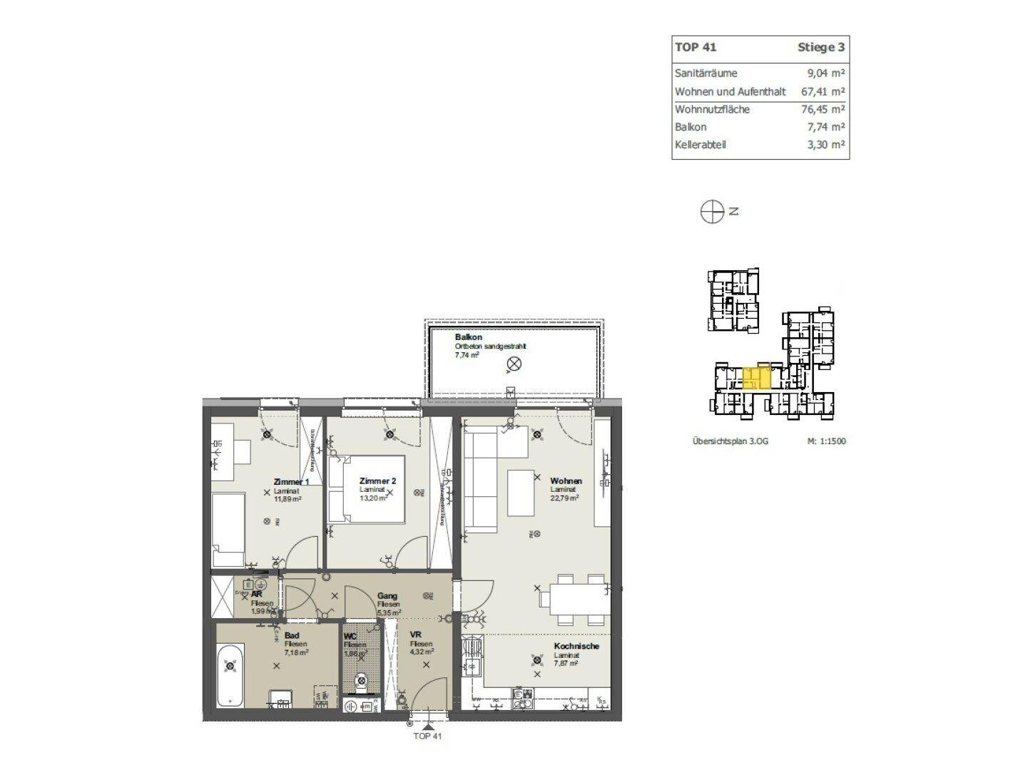 Grundriss der Wohnung TOP 41 mit zwei Schlafzimmern, offenem Wohnbereich und Balkon.