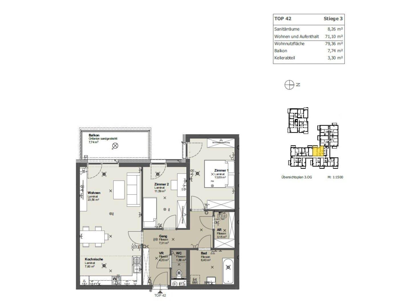 Detaillierter Grundriss einer Wohnung mit Balkon und separatem WC.