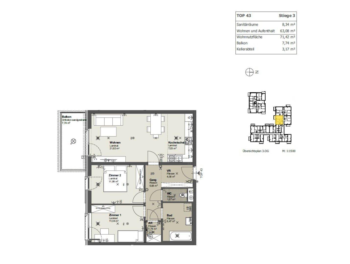 Detaillierter Grundriss einer Wohnung mit drei Zimmern, Balkon und separatem WC.