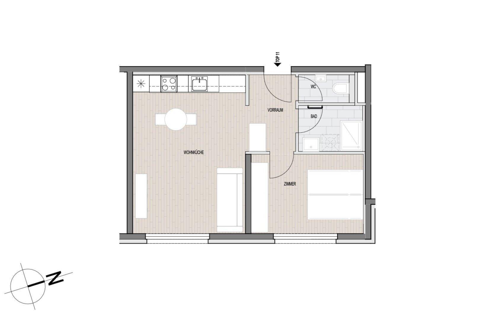 Grundriss einer Wohnung mit offener Wohnküche, Schlafzimmer und Bad.