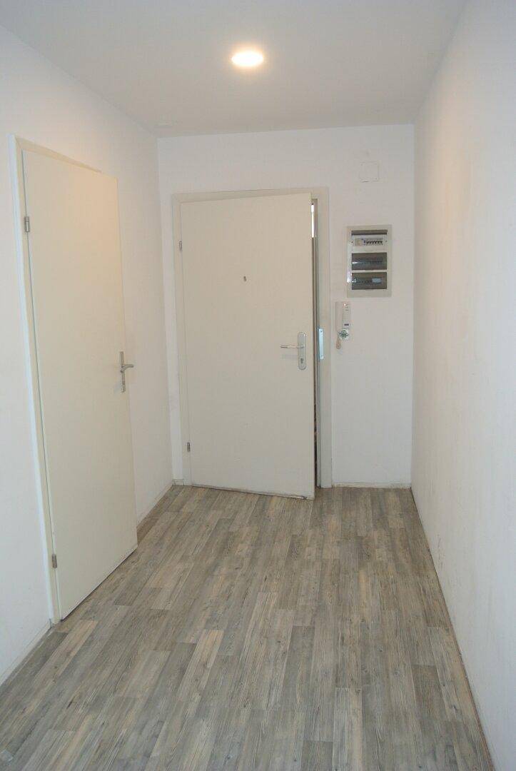 Schlichter Flur mit hellem Laminatboden und weißer Eingangstür.