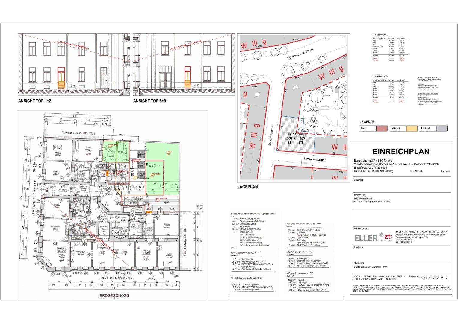 Einreichplan mit Grundriss des Erdgeschosses, Fassadenansichten und Lageplan des Gebäudes.
