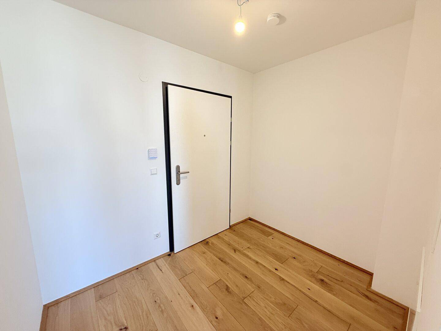 Eingangsbereich mit Holzboden und weißer Tür, bietet einen klaren und einladenden Empfang.