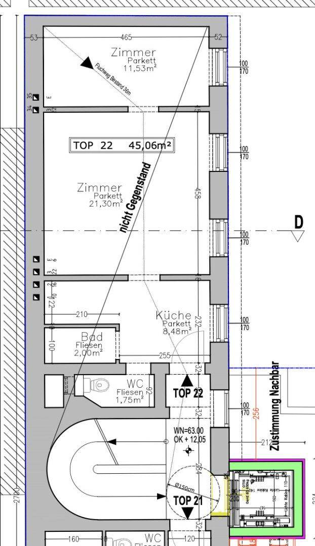 Grundriss der Wohnung TOP 22 mit zwei Zimmern, Küche, Bad und separatem WC auf 45,06m².