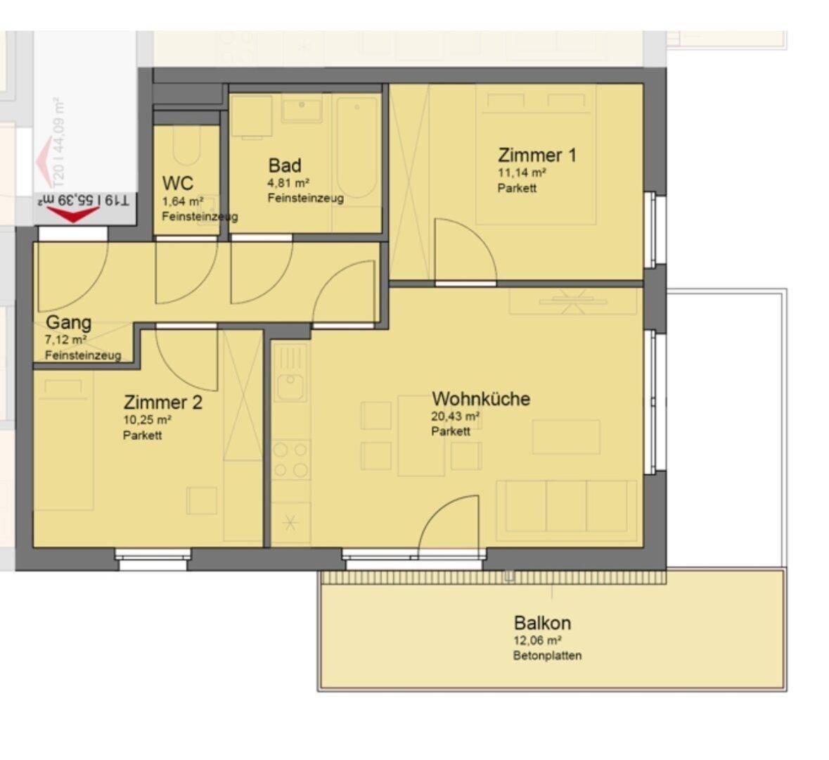 Detaillierter Grundriss einer Wohnung mit zwei Zimmern, offener Wohnküche und großem Balkon.