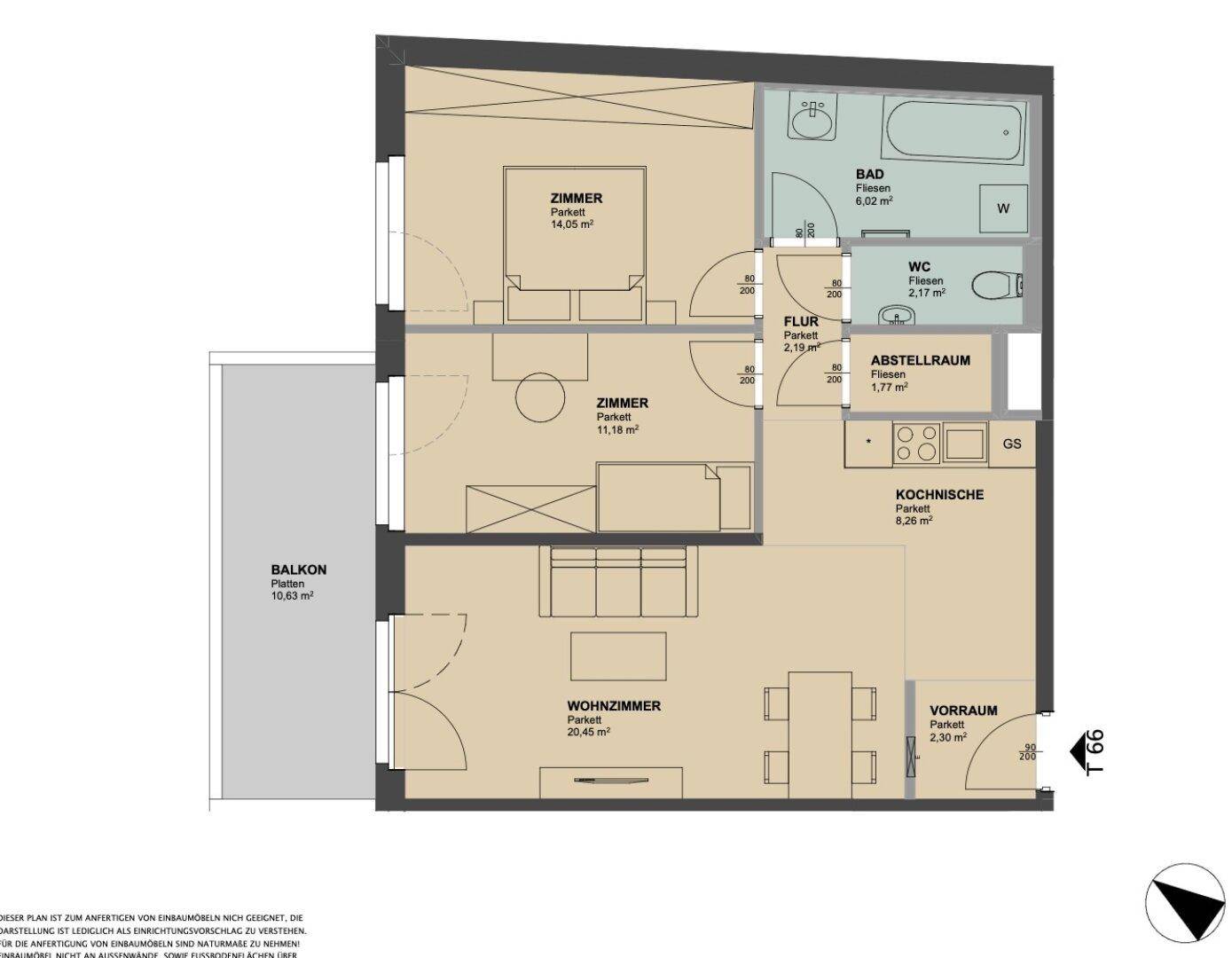 Detaillierter Grundriss einer Wohnung mit zwei Schlafzimmern, Wohnzimmer und Balkon.