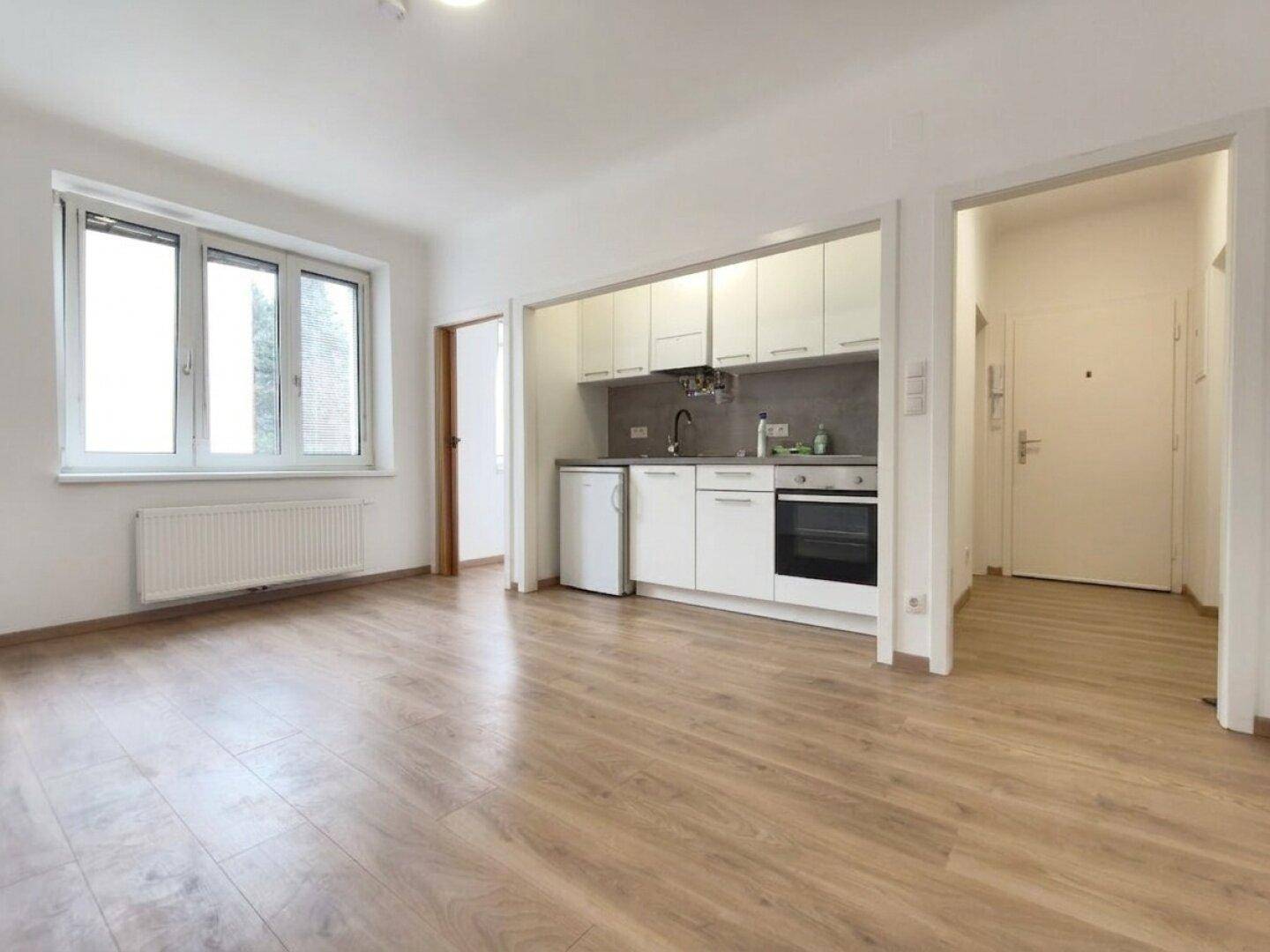Heller Wohnbereich mit Küchenzeile und Zugang zu weiteren Räumen, ausgestattet mit Laminatboden.