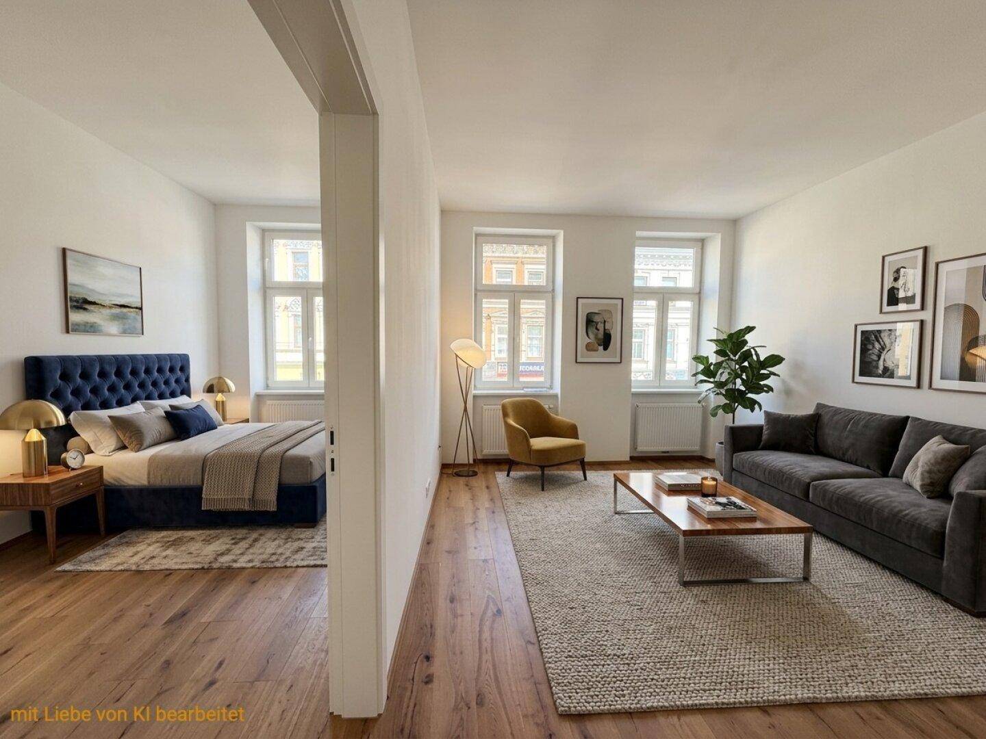 Virtuell inszenierter offener Wohnbereich mit Schlafzimmer, Holzboden und modernen Möbeln.