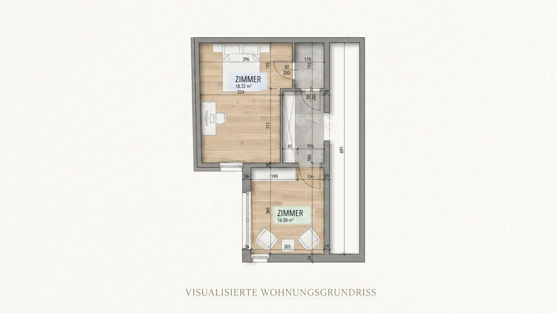 Visualisierter Grundriss eines Zimmers mit Balkonzugang und separatem Bad.