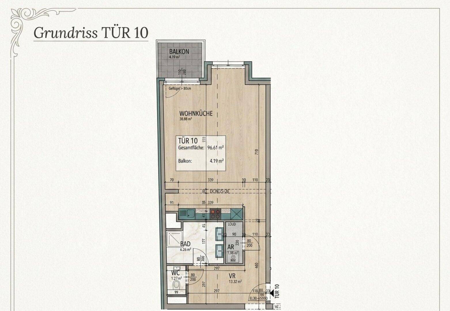Grundriss einer Wohnung mit offener Wohnküche, Balkon und separatem WC.