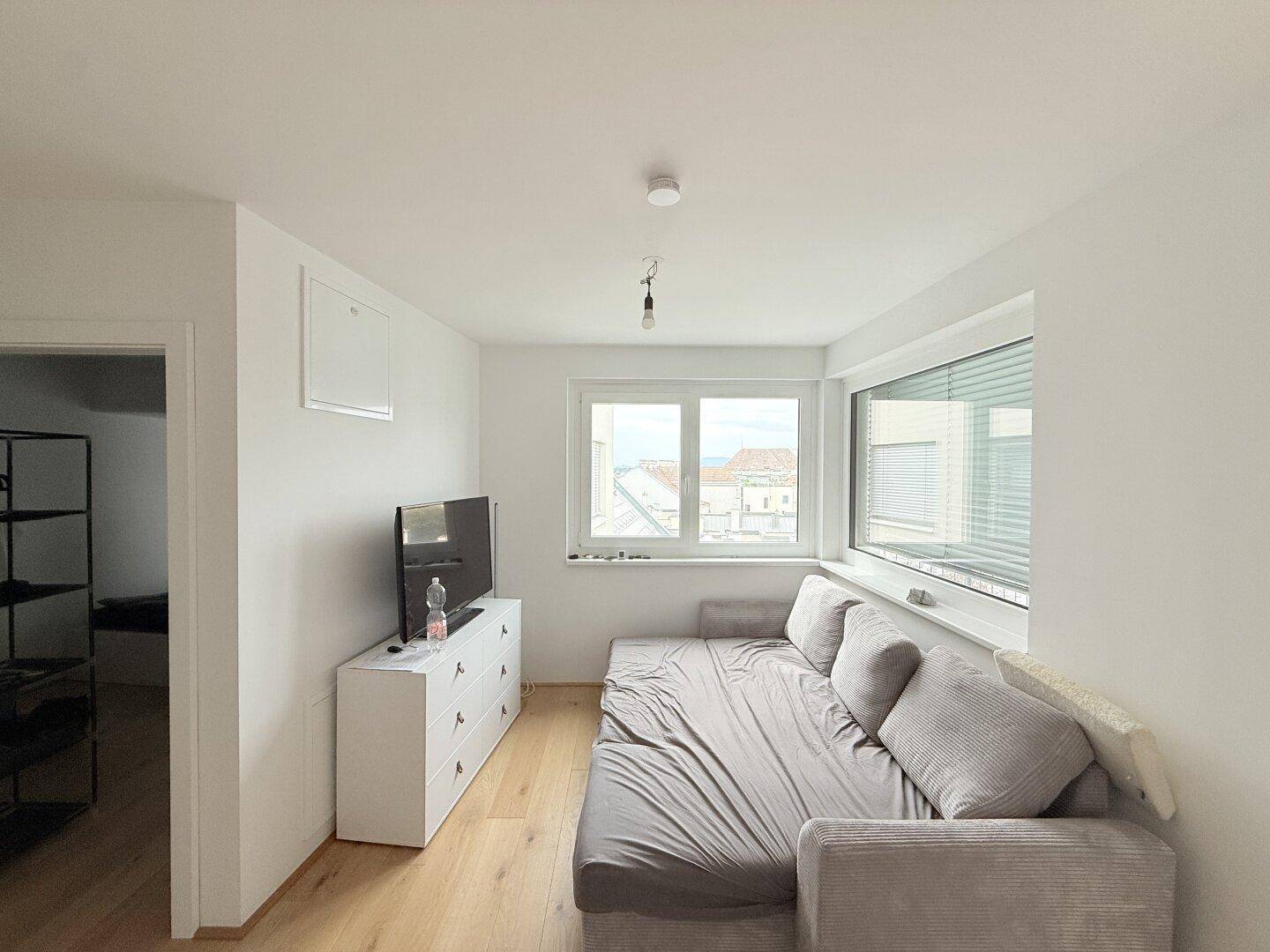 Gemütlicher Wohnbereich mit Sofa, Fernseher und großen Fenstern, die viel Licht hereinlassen.