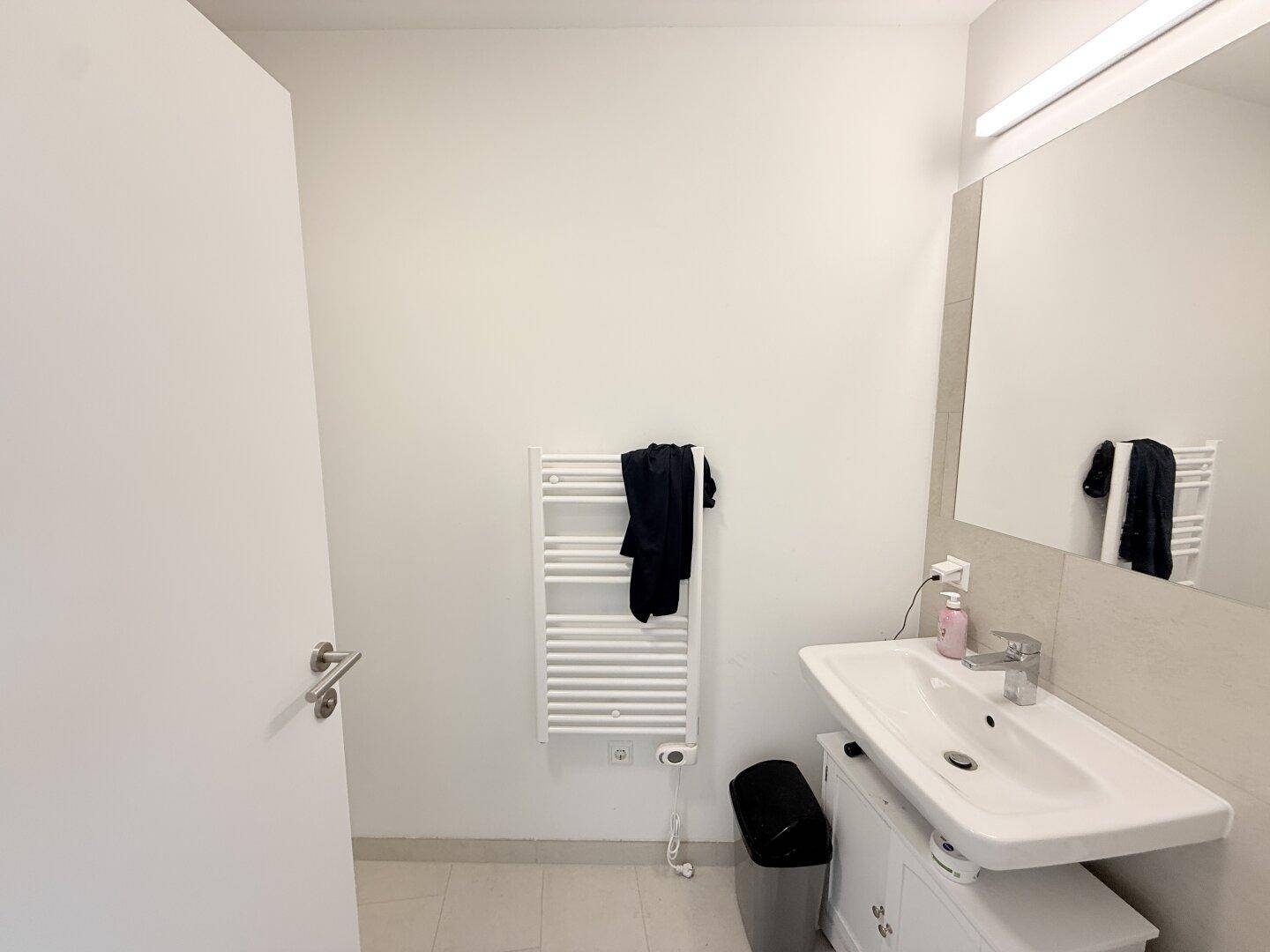 Badezimmer mit Waschbecken, Spiegel und beheiztem Handtuchhalter.