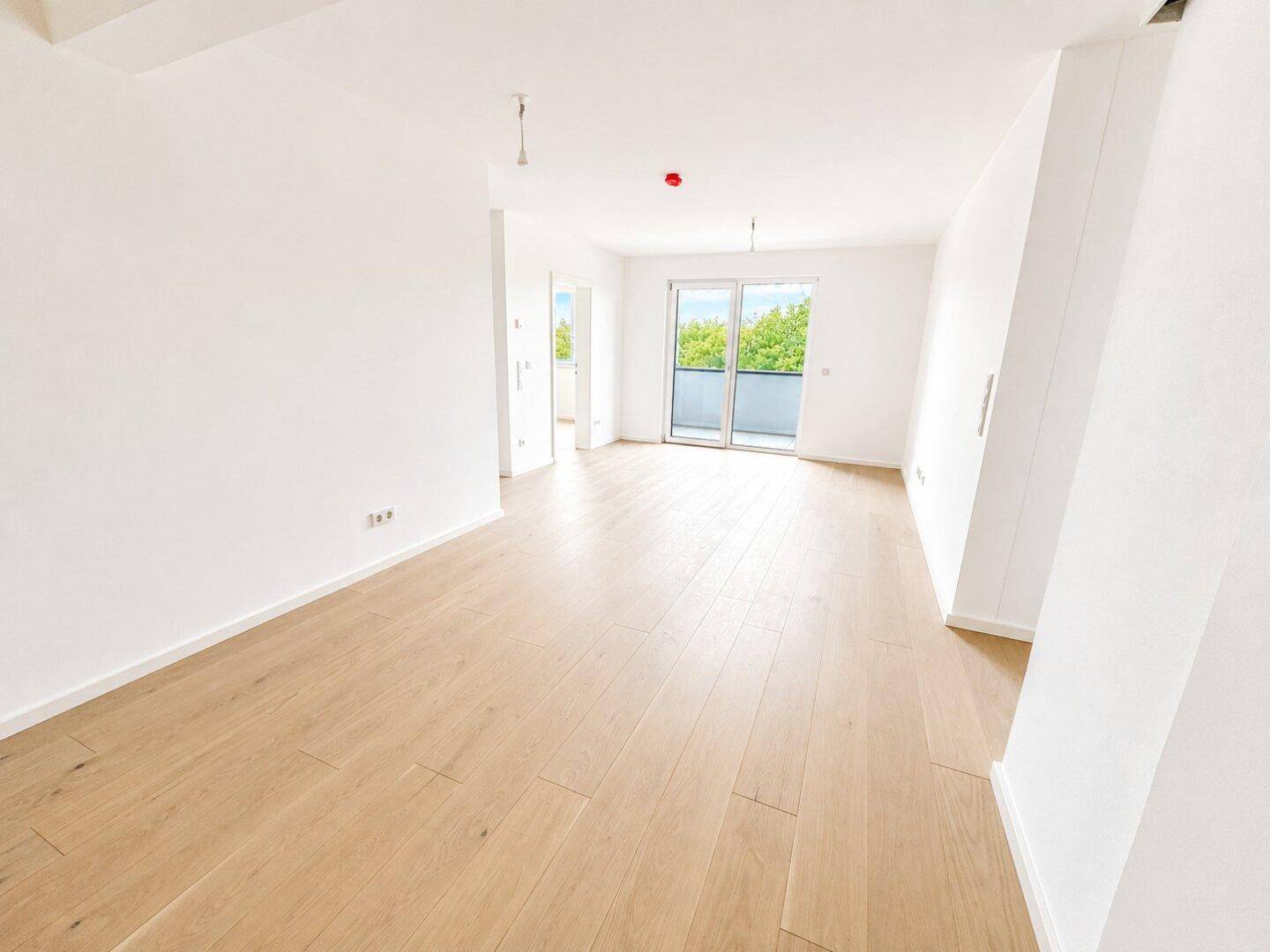 Heller, leerer Wohnbereich mit hellem Holzparkett und großem Fenster mit Balkonzugang.