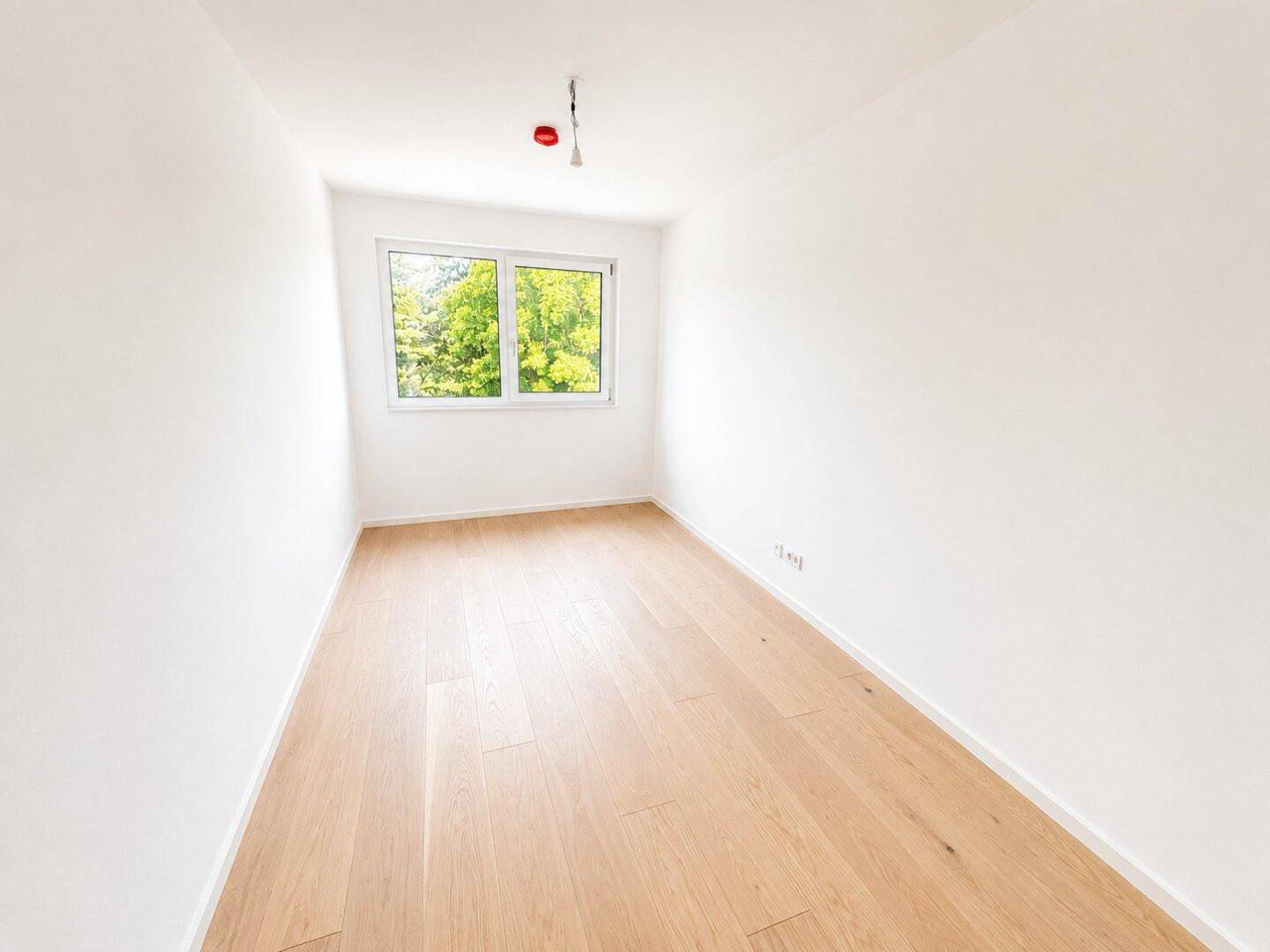 Helles, unmöbliertes Zimmer mit hellem Holzparkett und Fenster mit Blick auf Bäume.
