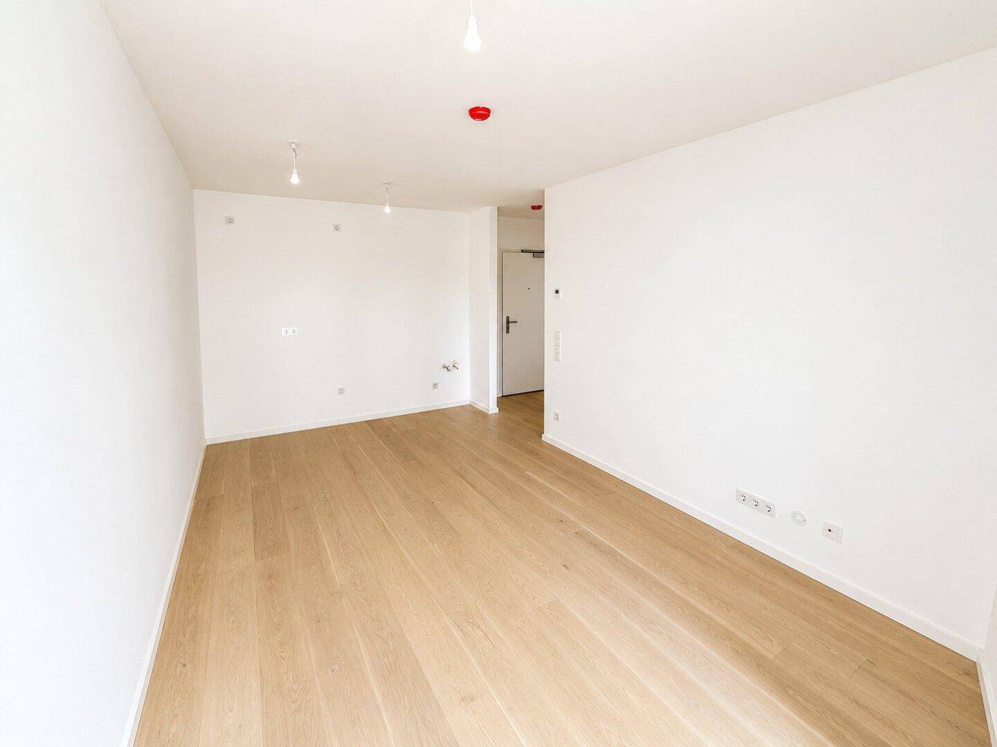 Geräumiges, leeres Zimmer mit hellem Holzparkett und weiß gestrichenen Wänden.