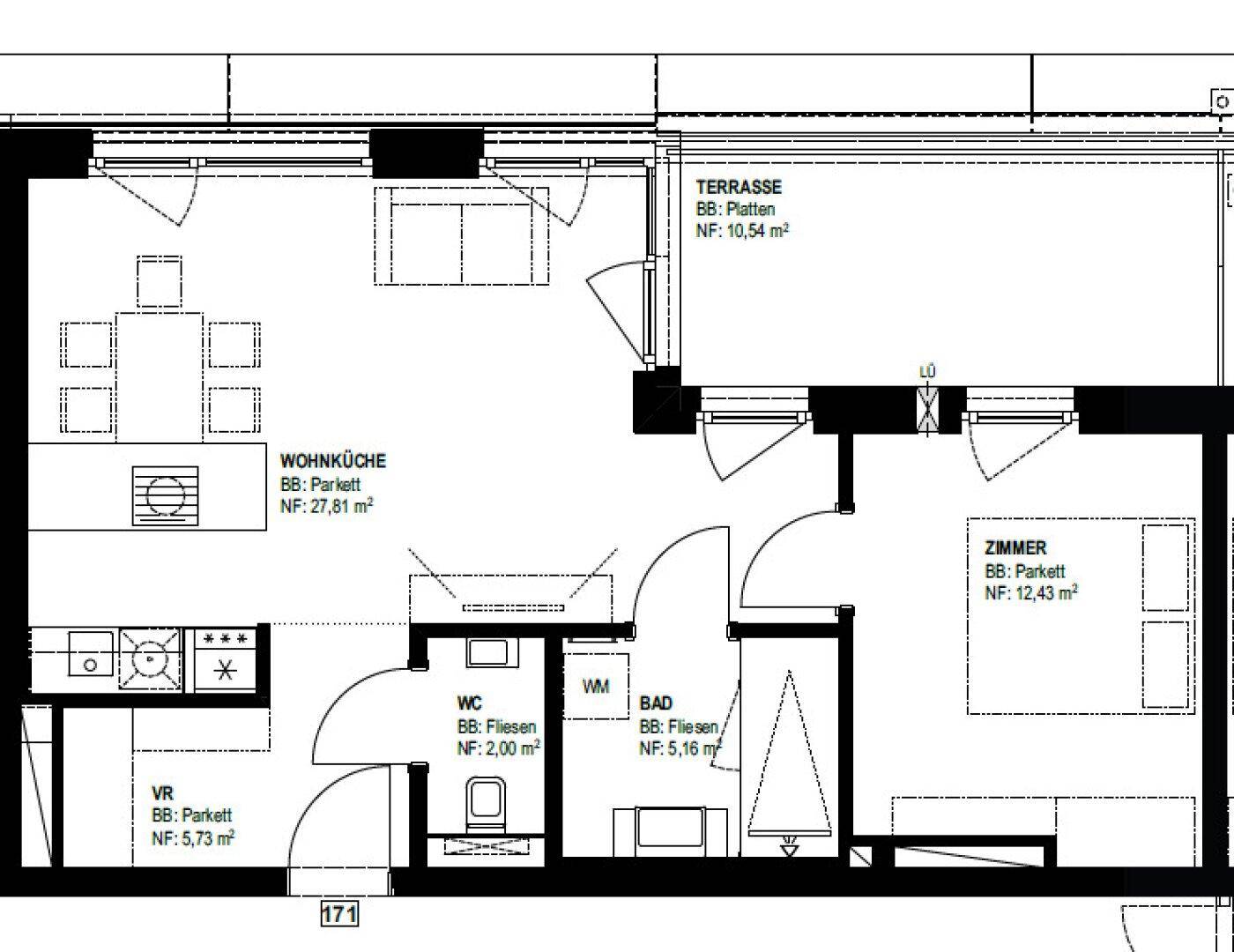 Detaillierter Grundriss einer Wohnung mit Wohnküche, Terrasse und separatem WC.