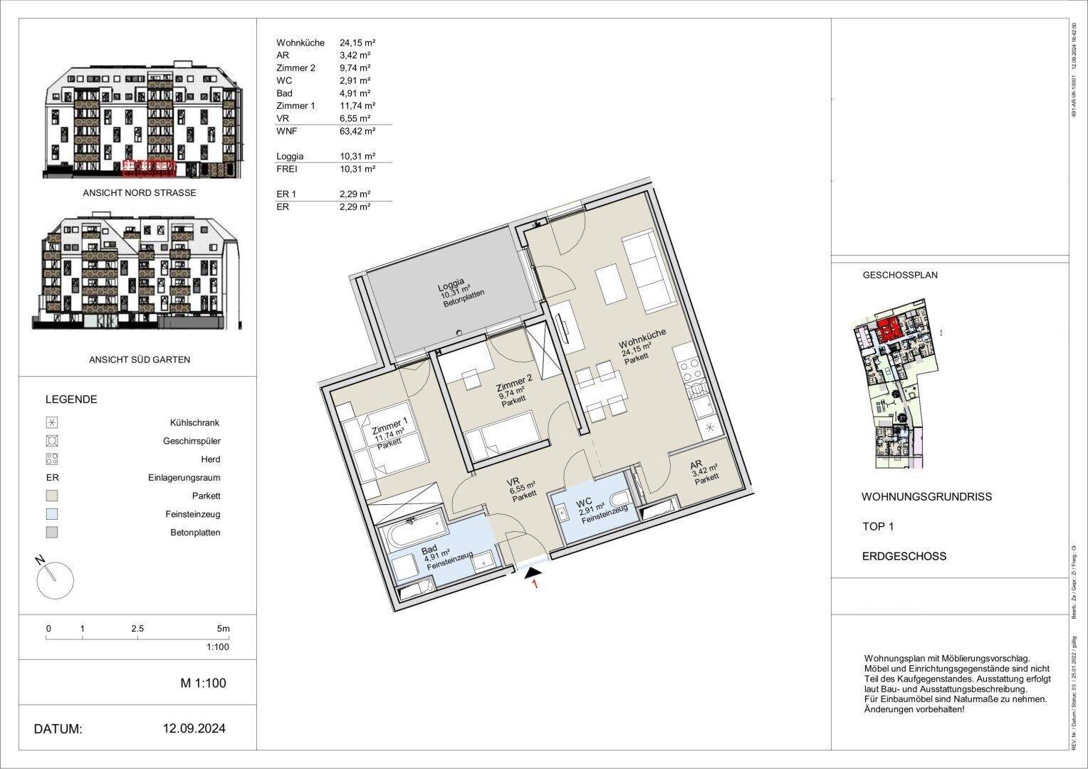 Grundriss einer modernen Wohnung mit Loggia, zwei Schlafzimmern und offenem Wohnbereich.