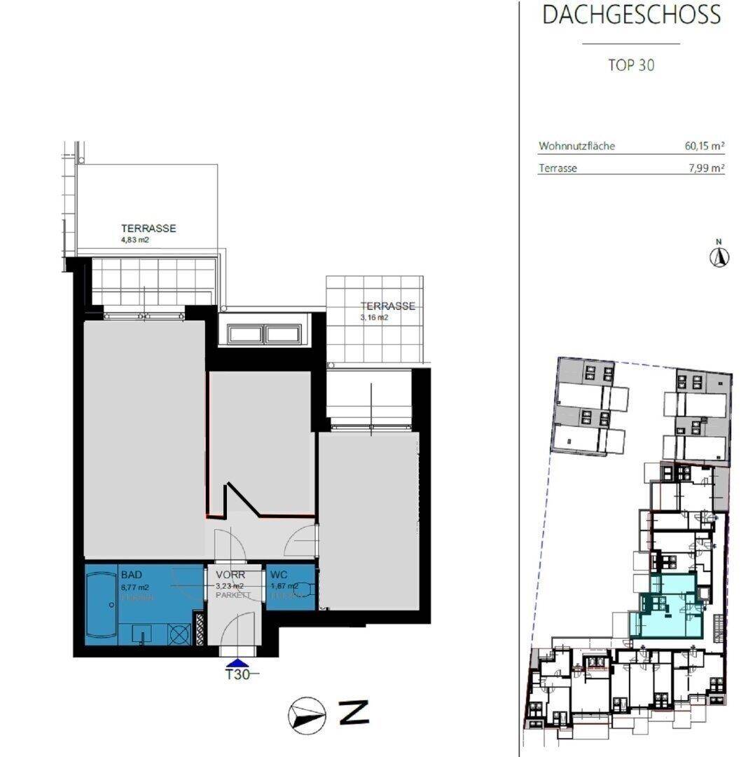 Grundriss des Dachgeschosses mit Wohnfläche von 60,15 m² und zwei Terrassen.