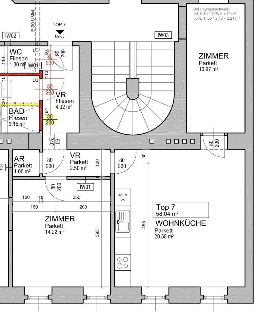 Grundriss der Wohnung Top 7 mit Wohnküche, zwei Zimmern, Bad und separatem WC.