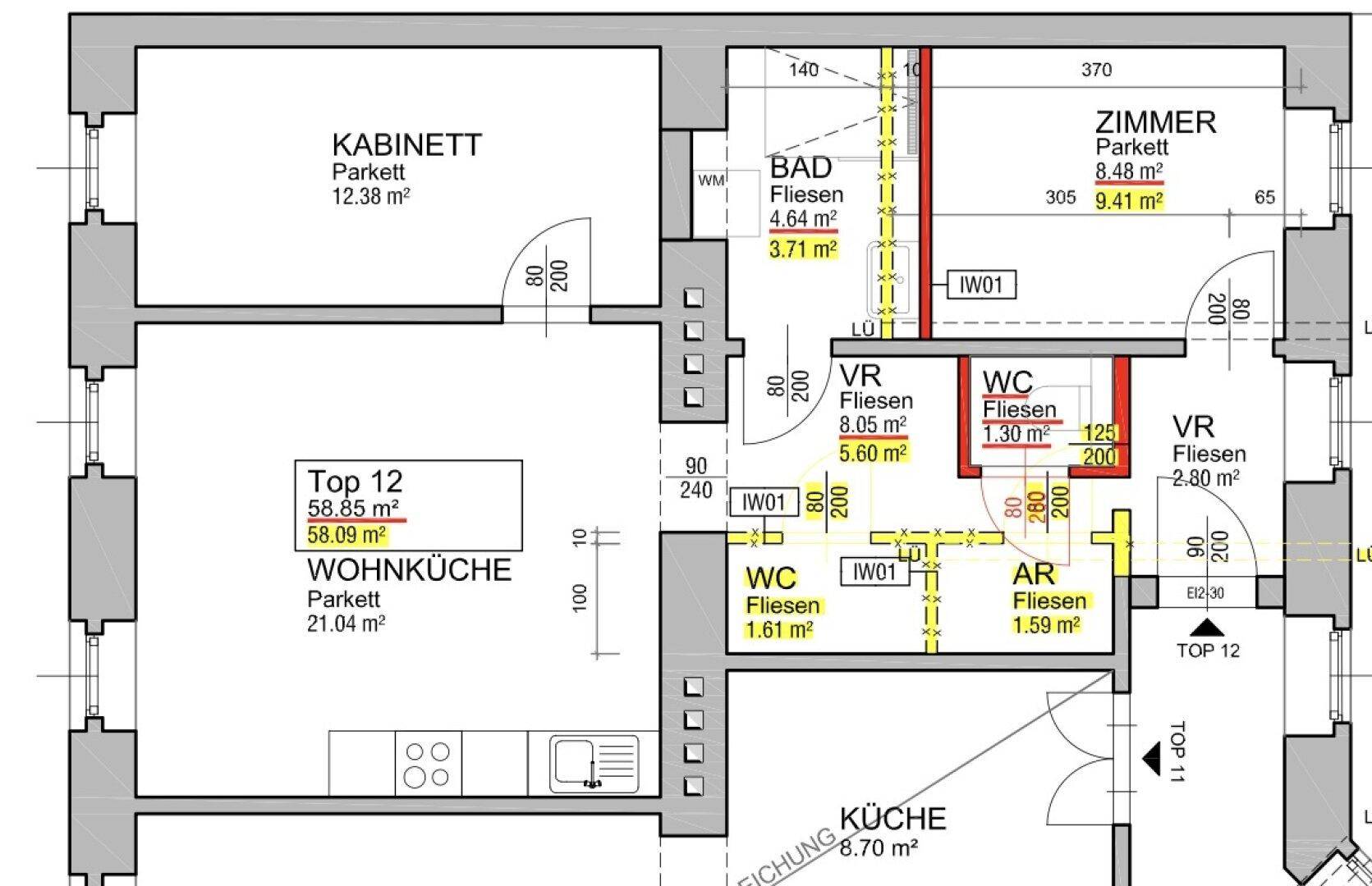Detaillierter Grundriss der Wohnung Top 12 mit Wohnküche, Loggia und separaten Zimmern.