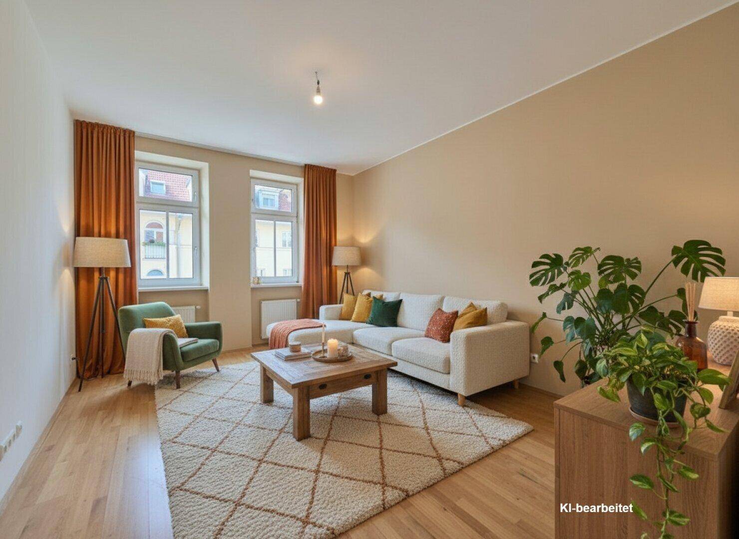 Gemütliches Wohnzimmer mit Parkettboden, beiger Wandfarbe und Blick nach draußen.