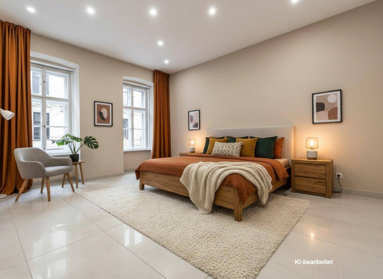 Gemütliches Schlafzimmer mit Doppelbett, warmen Farbakzenten und großen Fenstern.