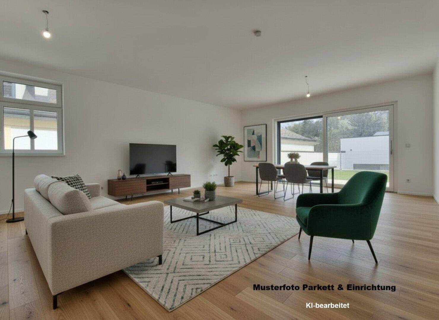 Heller Wohn-Essbereich mit modernem Mobiliar, Holzboden und Zugang zur Terrasse.
