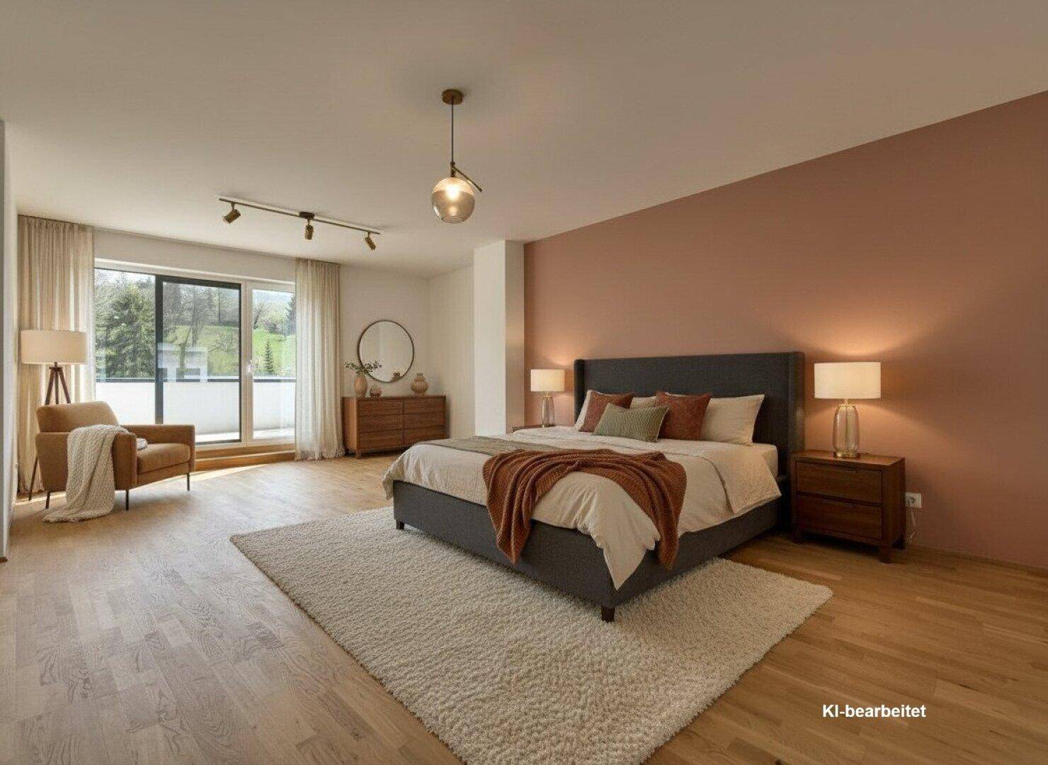 Geräumiges Schlafzimmer mit Holzboden, moderner Einrichtung und Balkonzugang.