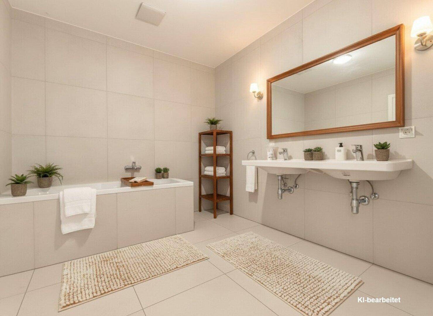 Modernes Badezimmer mit Doppelwaschbecken, Badewanne und hellen Fliesen.