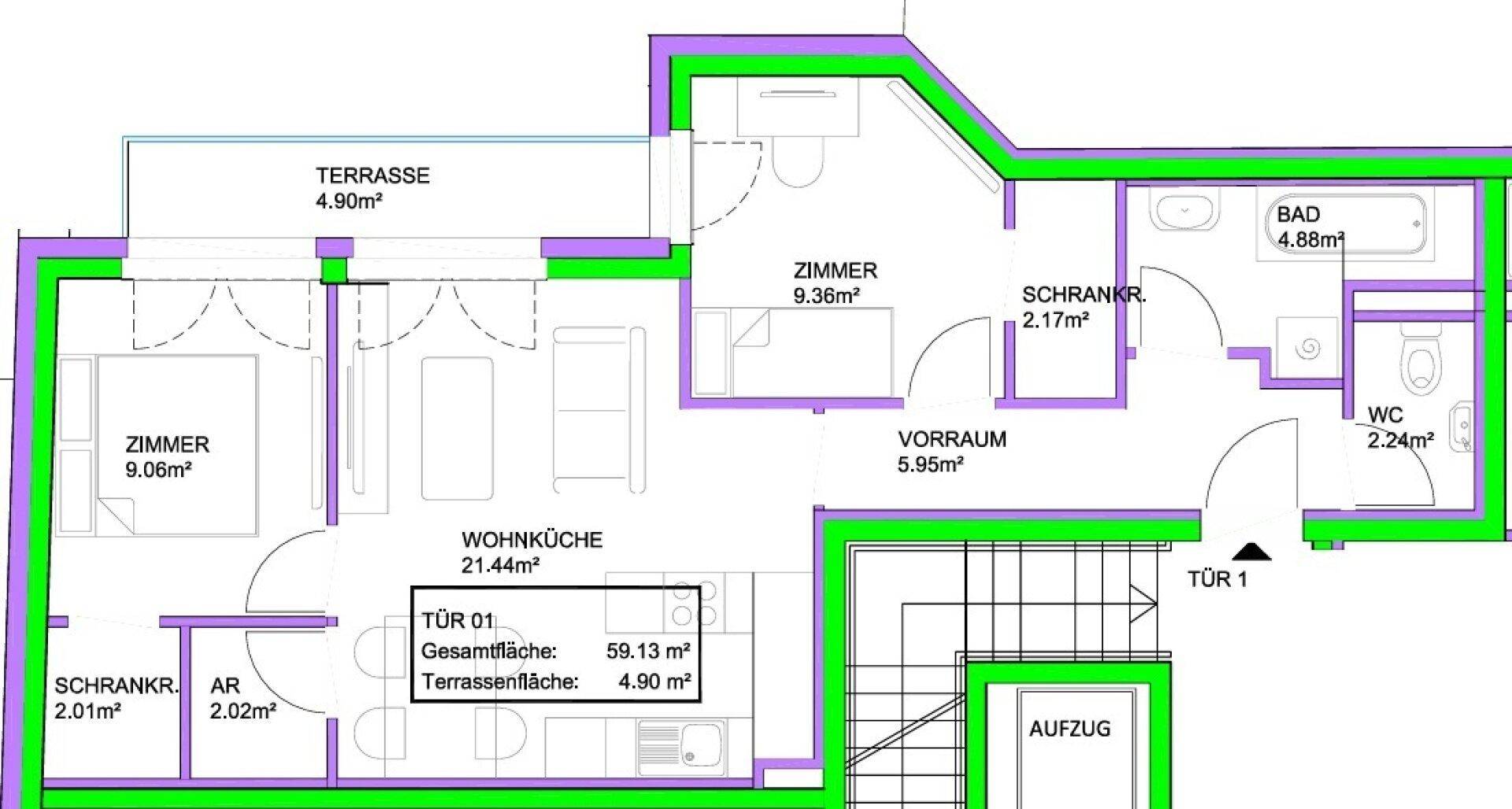 Grundriss einer Wohnung mit Wohnküche, zwei Zimmern, Bad, WC und Terrasse.