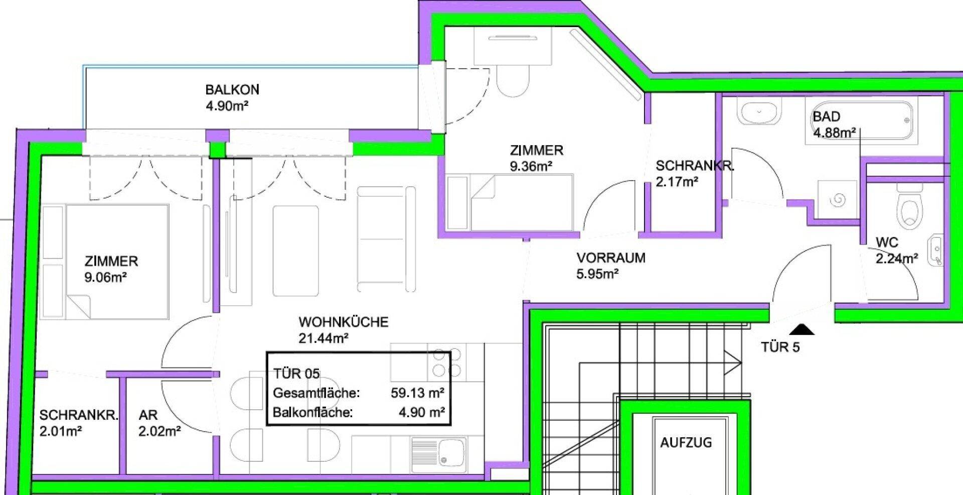 Detaillierter Grundriss einer Wohnung mit Balkon, zwei Schlafzimmern und offener Wohnküche.