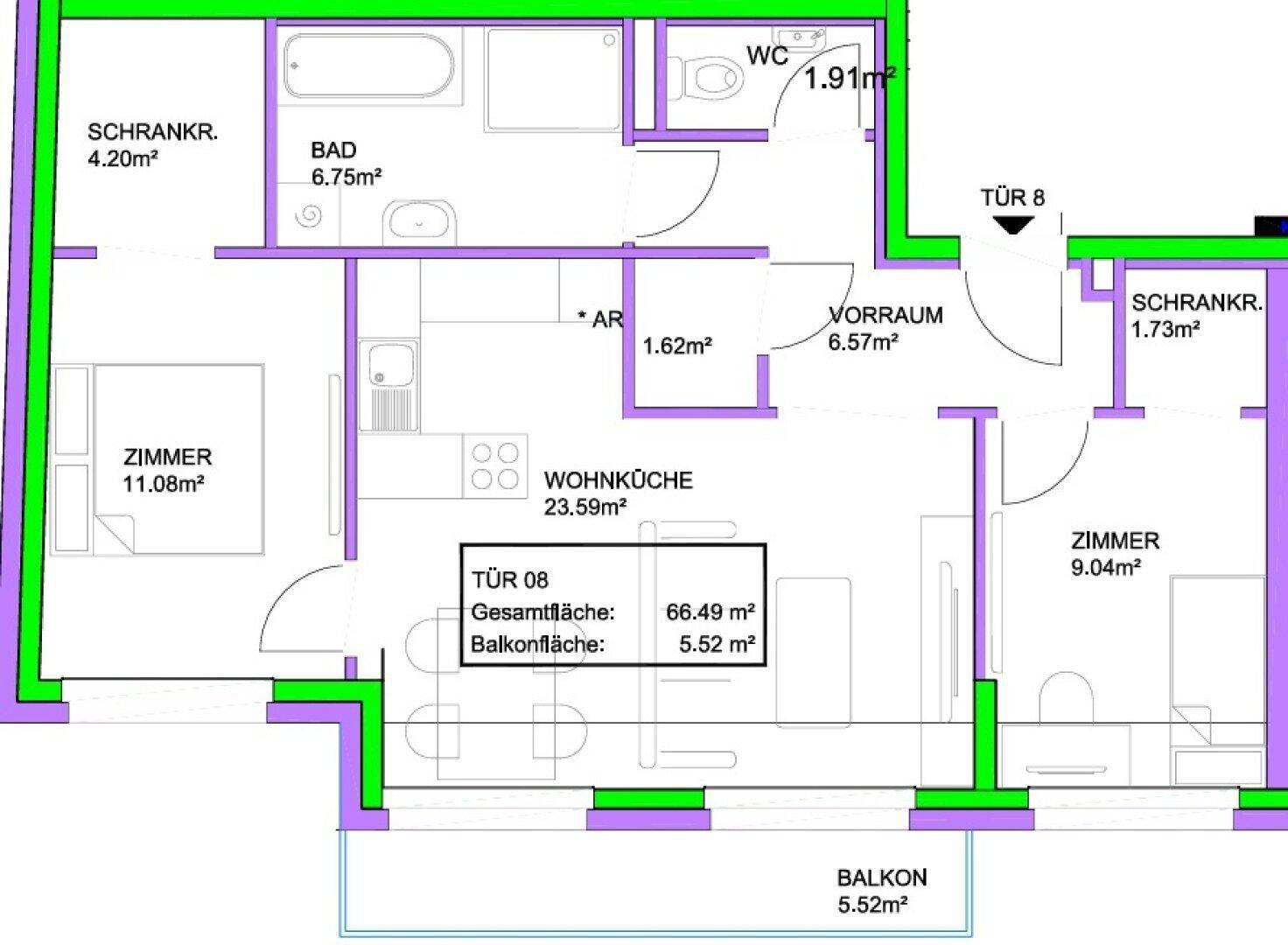 Grundriss einer Wohnung mit Wohnküche, zwei Zimmern, Bad, WC und Balkon.