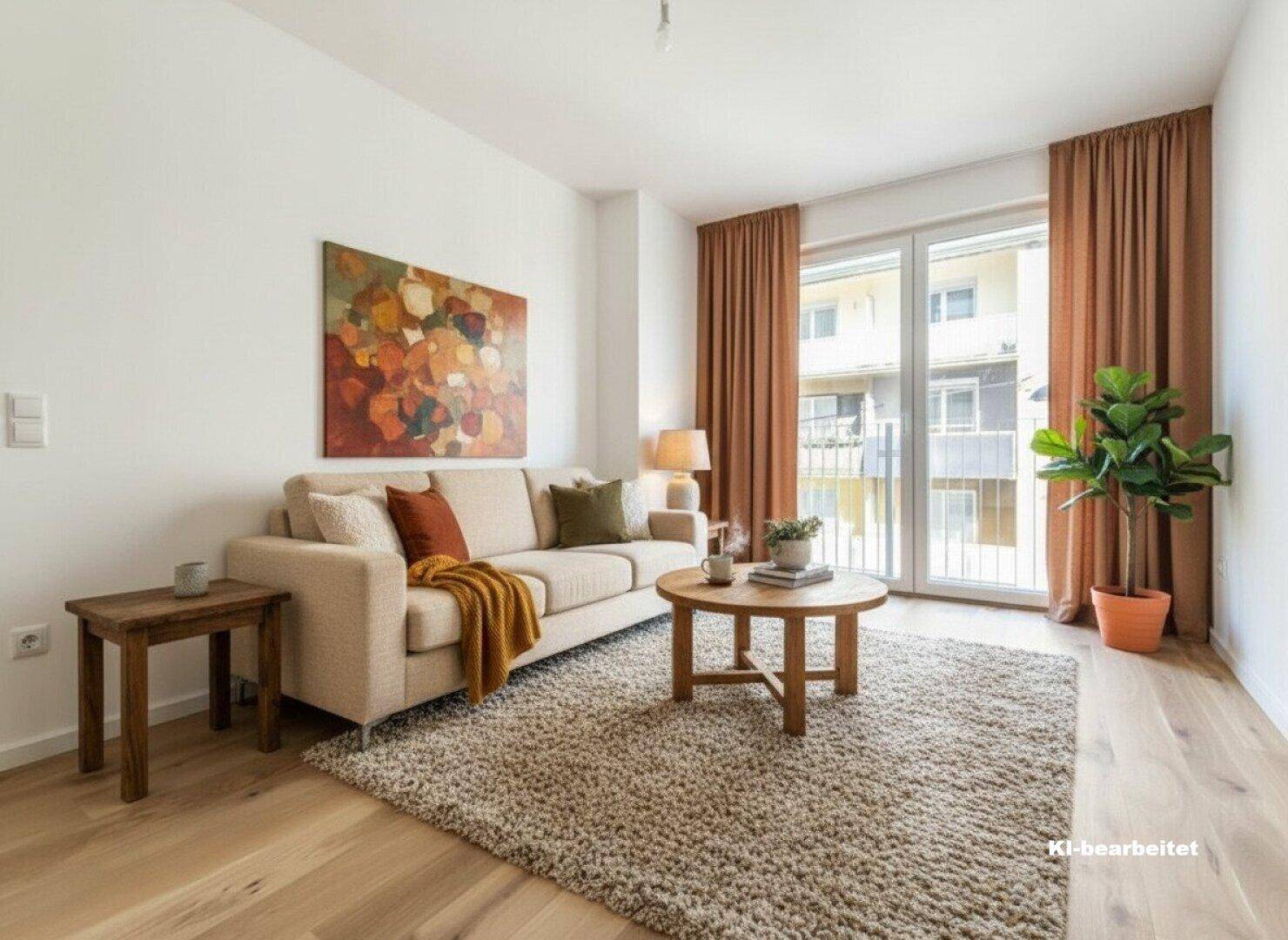 Gemütliches Wohnzimmer mit Sofa, Teppich und Zugang zum Balkon, modern eingerichtet.