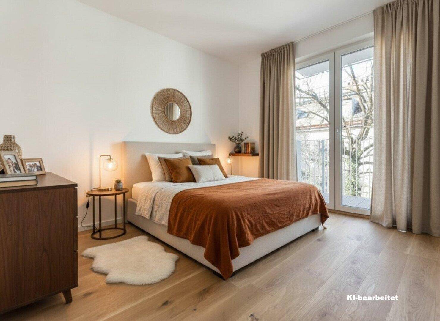 Modern eingerichtetes Schlafzimmer mit Doppelbett, Holzboden und Zugang zum Balkon.