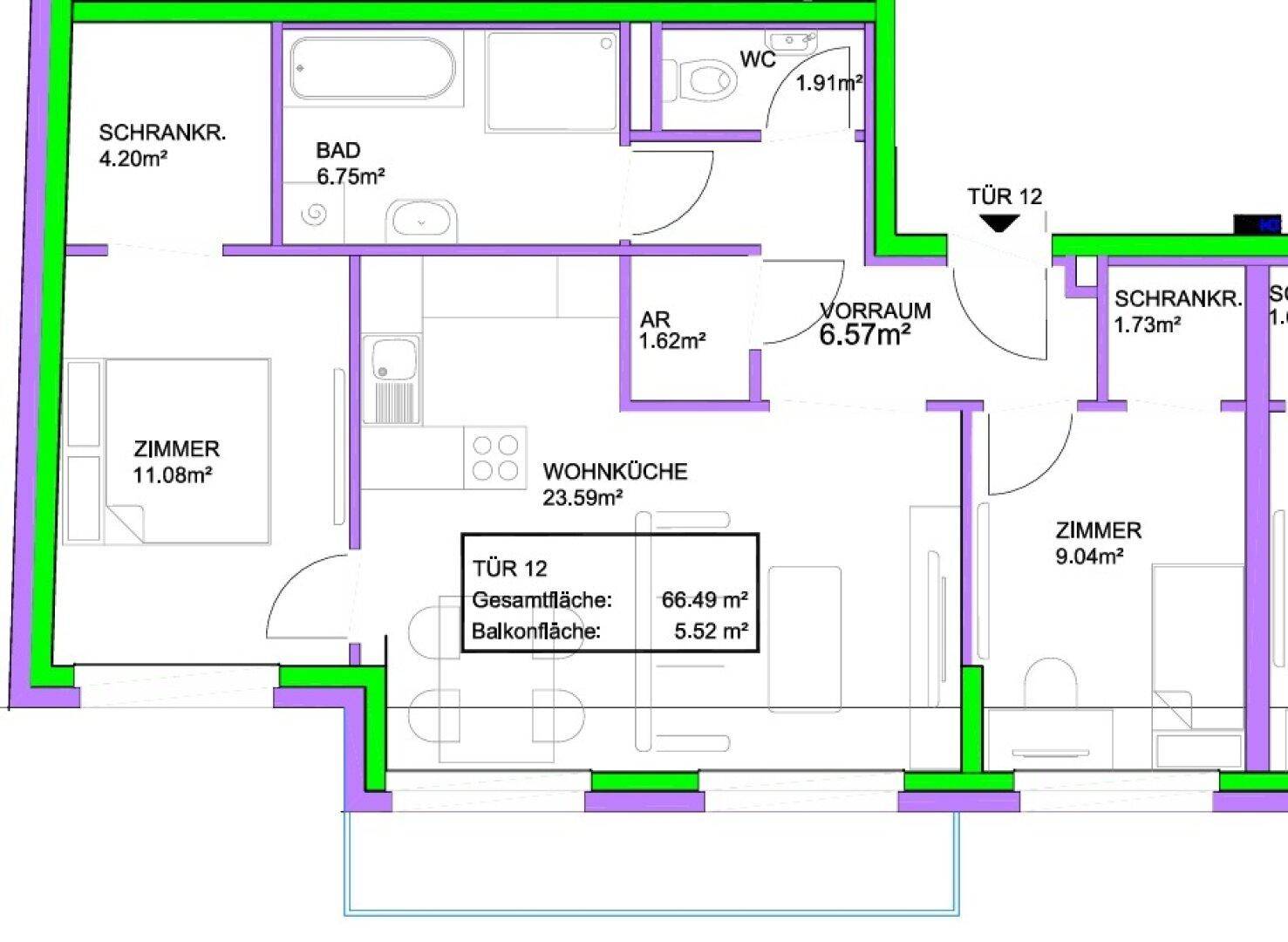Detaillierter Grundriss mit offener Wohnküche, zwei Zimmern, Bad und separatem WC.
