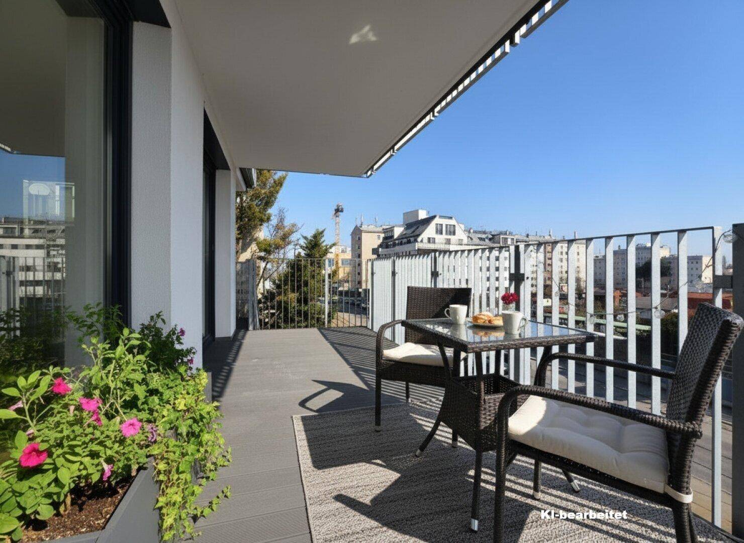 Möblierter Balkon mit Markise und Stadtblick, ideal für entspannte Stunden im Freien.