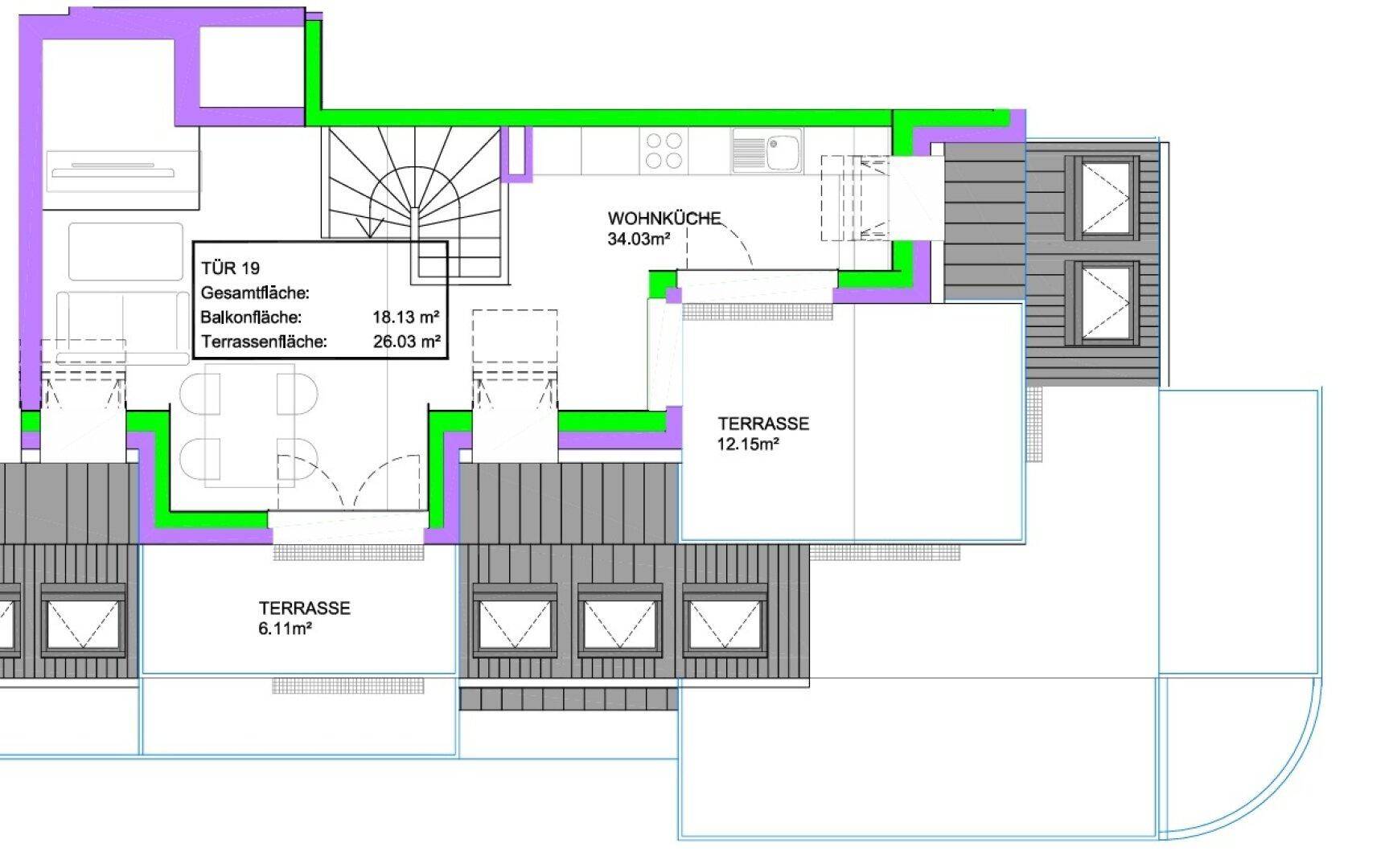 Grundriss der oberen Etage mit offener Wohnküche, Terrassen und Dachfenstern.