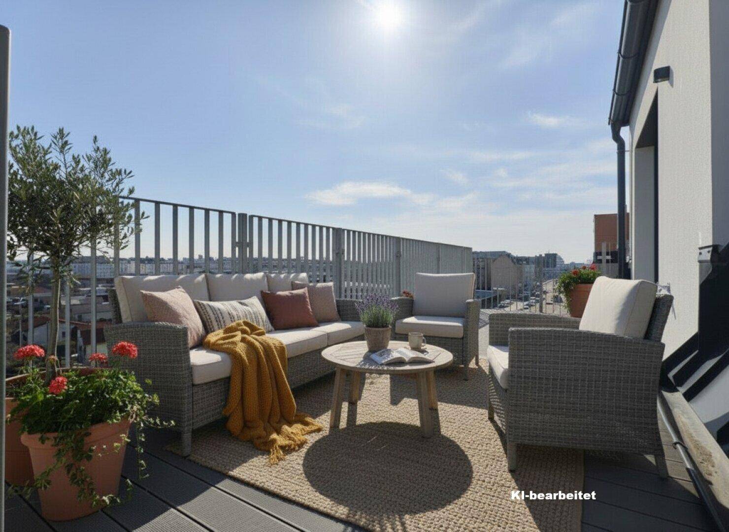 Gemütliche Dachterrasse mit modernen Outdoor-Möbeln und sonnigem Stadtblick.