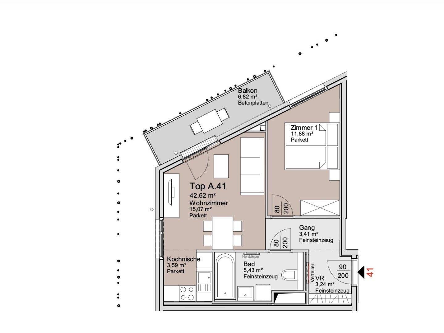 Grundriss einer Wohnung mit Balkon, Wohnzimmer, Schlafzimmer und separater Kochnische.