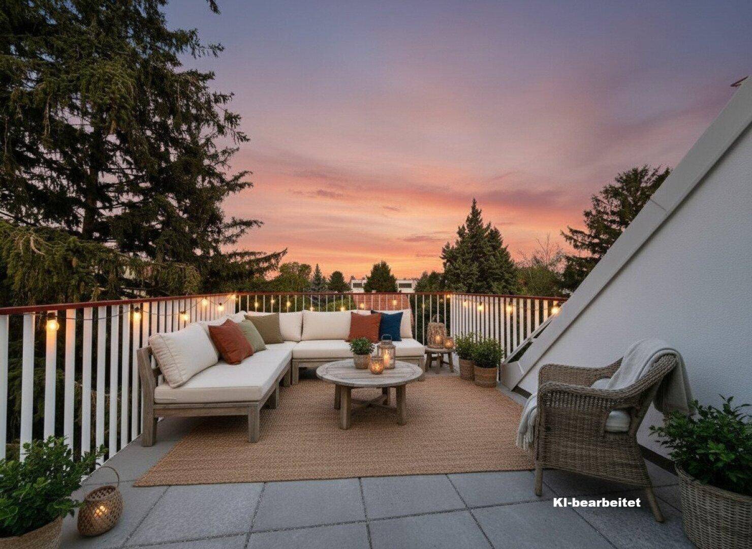 Gemütliche Dachterrasse mit Lounge-Möbeln und stimmungsvoller Beleuchtung bei Sonnenuntergang.
