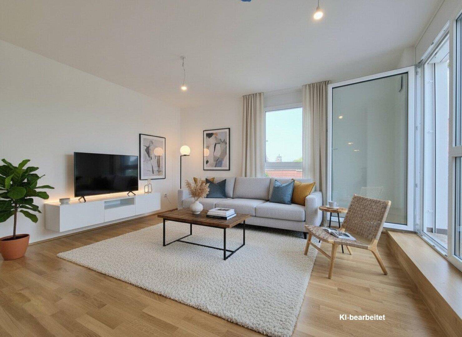 Helles Wohnzimmer mit modernem Sofa, Holzboden und großen Fenstern, die viel Tageslicht hereinlassen.