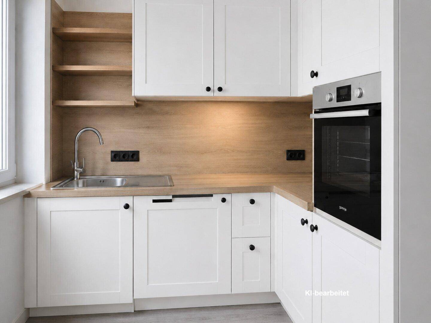 Moderne Einbauküche mit weißen Schränken, Holzrückwand und integrierten Geräten.