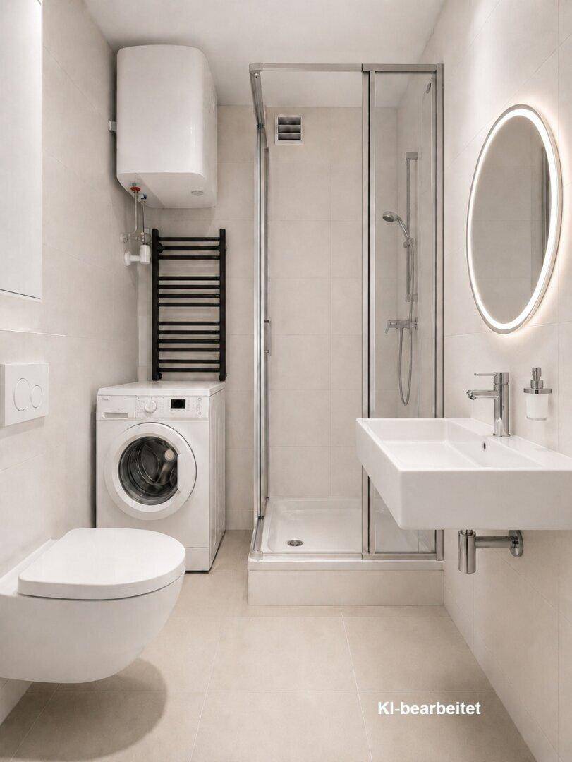 Modernes Badezimmer mit Duschkabine, wandhängendem WC und Waschmaschine.