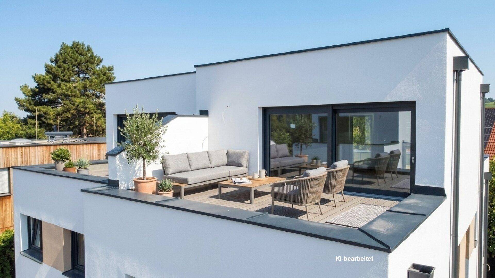 Dachterrasse mit Sitzgelegenheiten und Blick auf die Umgebung, ideal für Entspannung.
