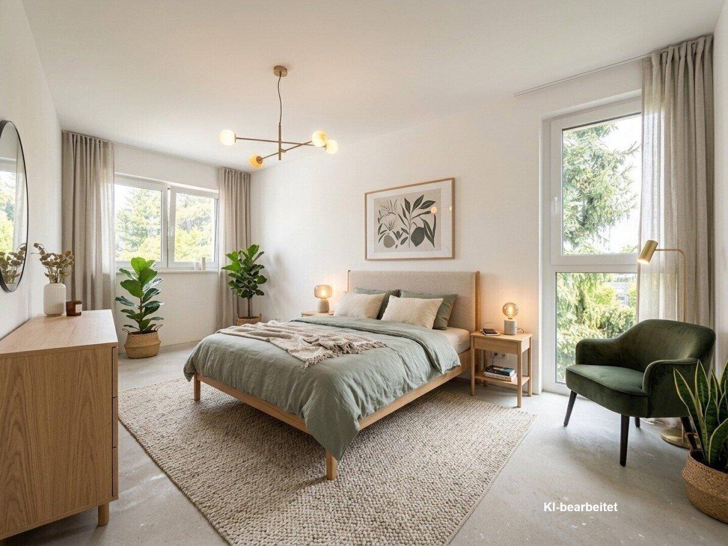 Helles Schlafzimmer mit Holzbett, Teppich und großen Fenstern mit Blick ins Grüne.