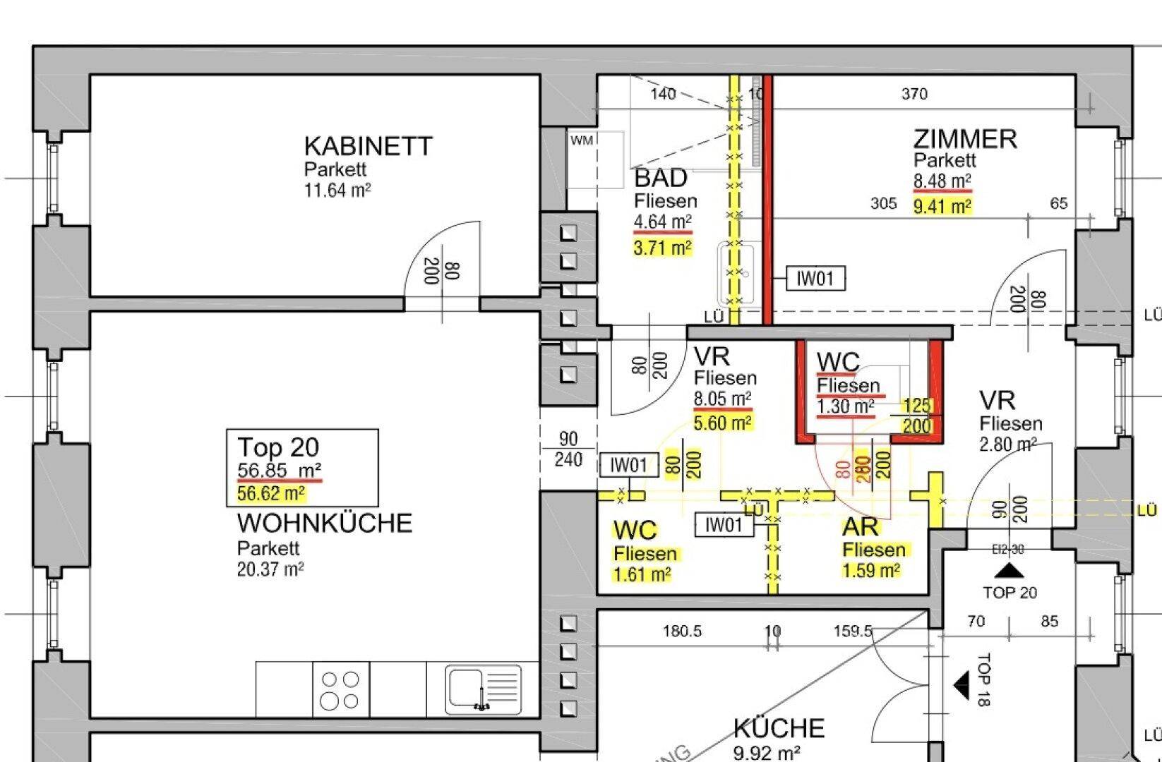 Grundriss einer Wohnung mit mehreren Zimmern, Wohnküche und zwei Bädern.