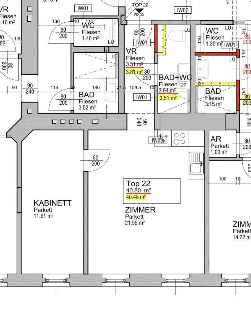 Detaillierter Grundriss einer Wohnung mit mehreren Zimmern, Bädern und einem Kabinett.