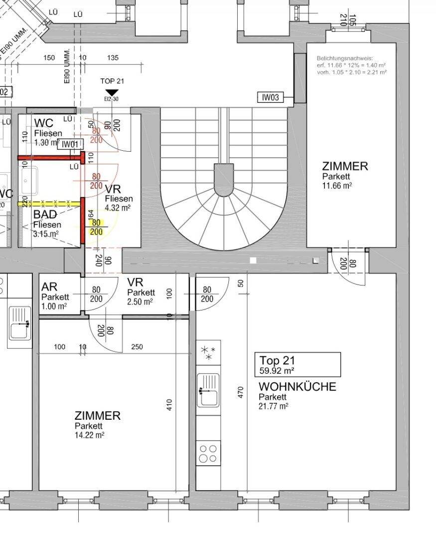 Detaillierter Grundriss mit Wohnküche, zwei Zimmern, Bad und separatem WC, inklusive Flächenangaben.