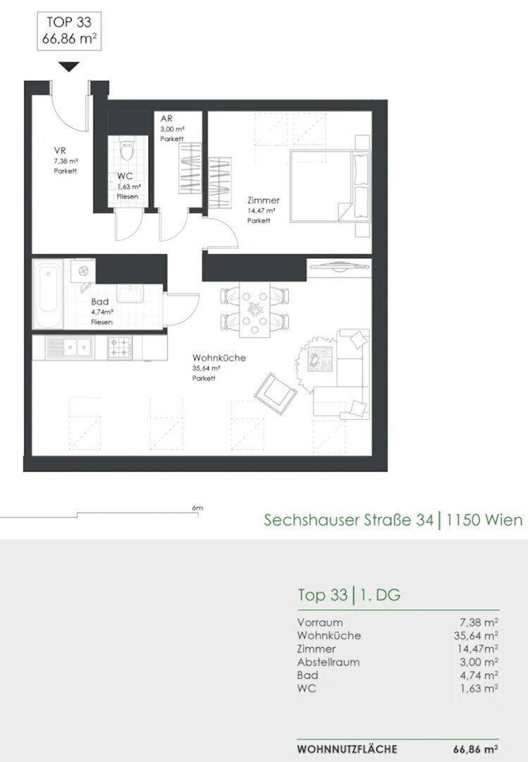 Grundriss einer Wohnung mit offener Wohnküche, einem Schlafzimmer, Bad, separatem WC und Abstellraum.