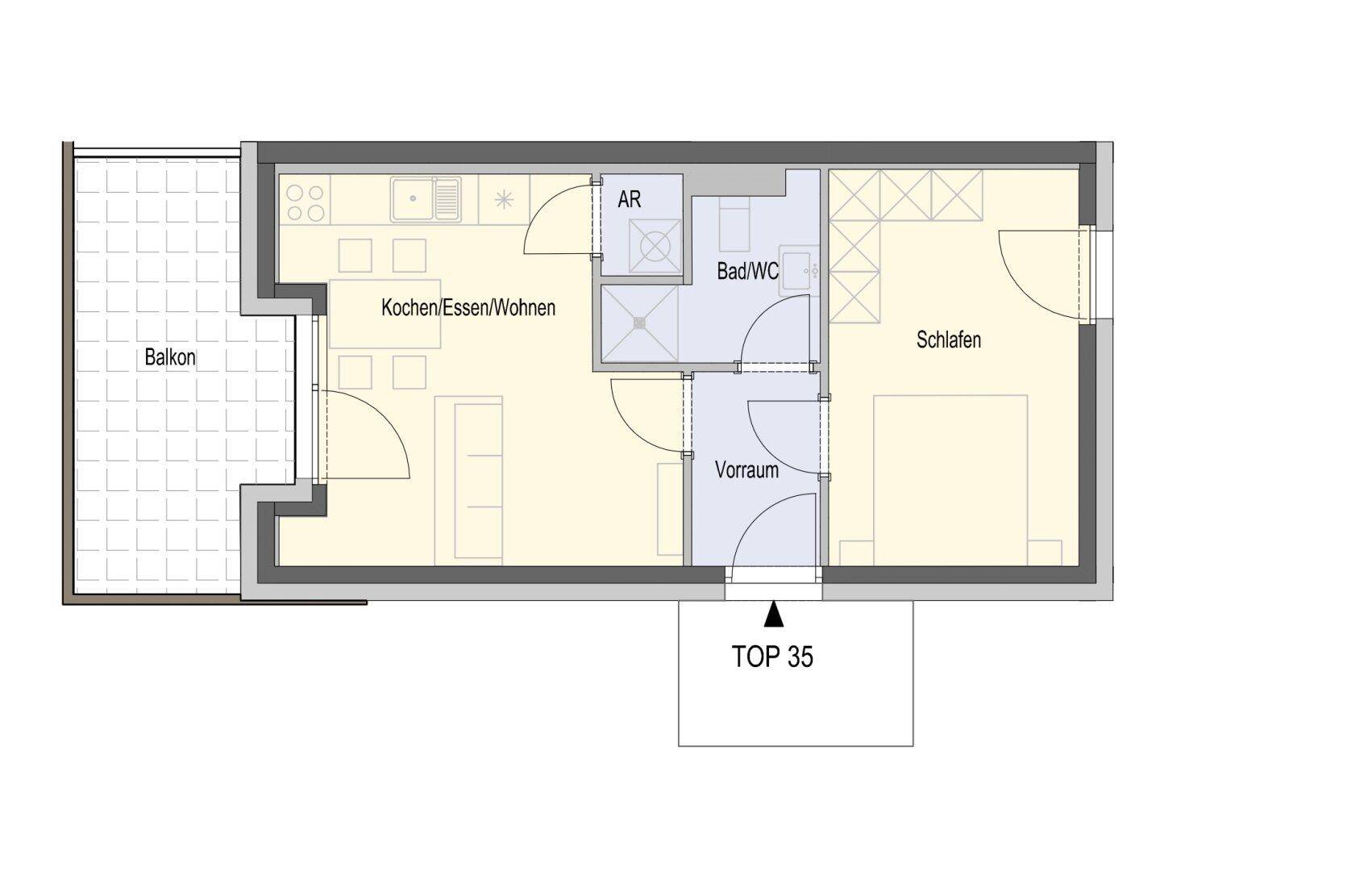 Grundriss einer Wohnung mit Balkon, offenem Wohnbereich, Schlafzimmer und Bad.